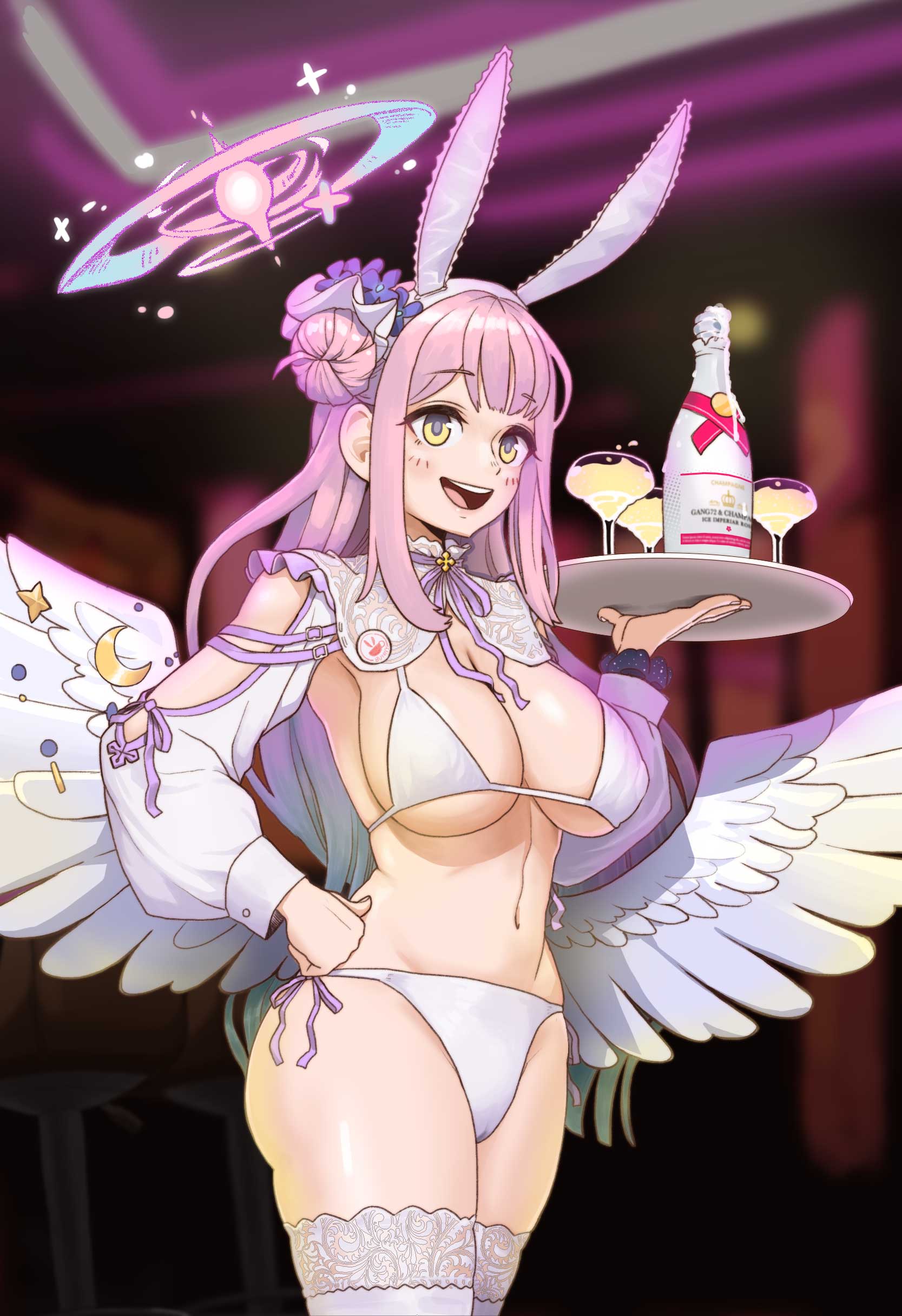 1girl absurdres alcohol angel_wings animal_ears arm_cutout badge bikini black_scrunchie blue_archive blurry blurry_background breasts button_badge champagne champagne_bottle champagne_coupe cleavage commentary_request crescent cup drinking_glass fake_animal_ears feathered_wings fingernails flower frilled_ribbon frills gang72 gradient_hair hair_bun hair_flower hair_ornament hair_ribbon halo hand_on_own_hip highres holding holding_tray indoors korean_commentary large_breasts linea_alba long_hair long_sleeves low_wings mika_(blue_archive) multicolored_hair navel neck_ribbon nontraditional_playboy_bunny open_mouth pink_hair pink_halo pink_lips playboy_bunny playboy_bunny_swimsuit purple_flower purple_ribbon rabbit_ears ribbon scrunchie shirt shrug_(clothing) side-tie_bikini_bottom single_side_bun smile solo standing stomach swimsuit teeth thighhighs thighs tongue tray underboob upper_teeth_only white_bikini white_headwear white_ribbon white_shirt white_thighhighs white_wings wings wrist_scrunchie yellow_eyes