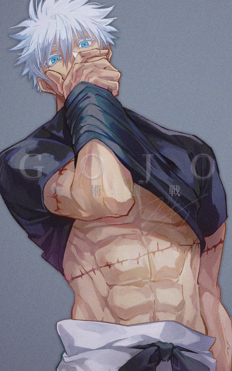 1boy black_shirt blue_eyes clothes_lift covering_mouth gojou_satoru guilty_challenge_(meme) hand_in_clothes hand_over_own_mouth hand_under_clothes hand_under_shirt highres jujutsu_kaisen looking_at_viewer male_focus meme muscular muscular_male scar scar_on_arm scar_on_stomach shirt short_hair too_many_scars tsukushi_(kaori0331) white_hair