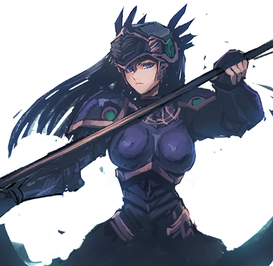 1girl armor black_armor black_hair blue_eyes breastplate breasts closed_mouth feathers helmet hrist_valkyrie long_hair looking_at_viewer madsensei shoulder_armor simple_background solo valkyrie valkyrie_profile weapon white_background winged_helmet