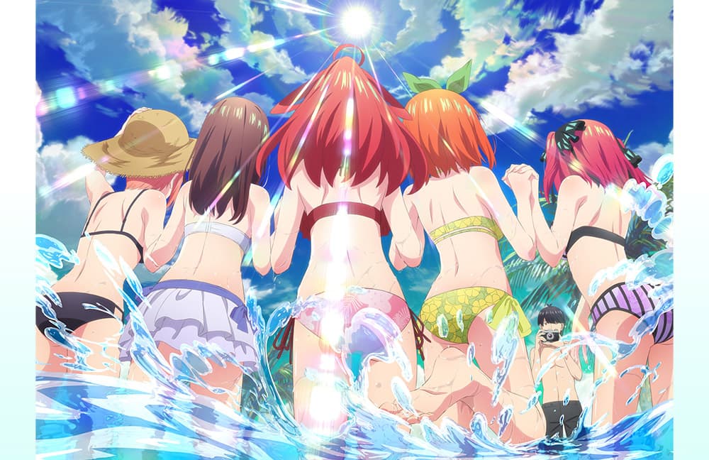 1boy 5girls ahoge ass back back_focus backboob barefoot bikini bikini_skirt black_bikini blue_bikini border breasts brown_hair butterfly_hair_ornament feet floral_print from_behind from_below go-toubun_no_hanayome green_bikini green_ribbon hair_ornament hair_ribbon halterneck hands_up hat holding_hands long_hair male_swimwear multiple_girls nakano_ichika nakano_itsuki nakano_miku nakano_nino nakano_yotsuba official_art orange_hair outdoors partially_submerged pink_hair print_bikini purple_bikini recording red_hair ribbon short_hair shoulder_blades side-tie_bikini_bottom sky splashing standing standing_on_one_leg straw_hat striped striped_bikini sun sunlight swimsuit thighs two-tone_bikini uesugi_fuutarou vertical-striped_bikini vertical_stripes water white_bikini