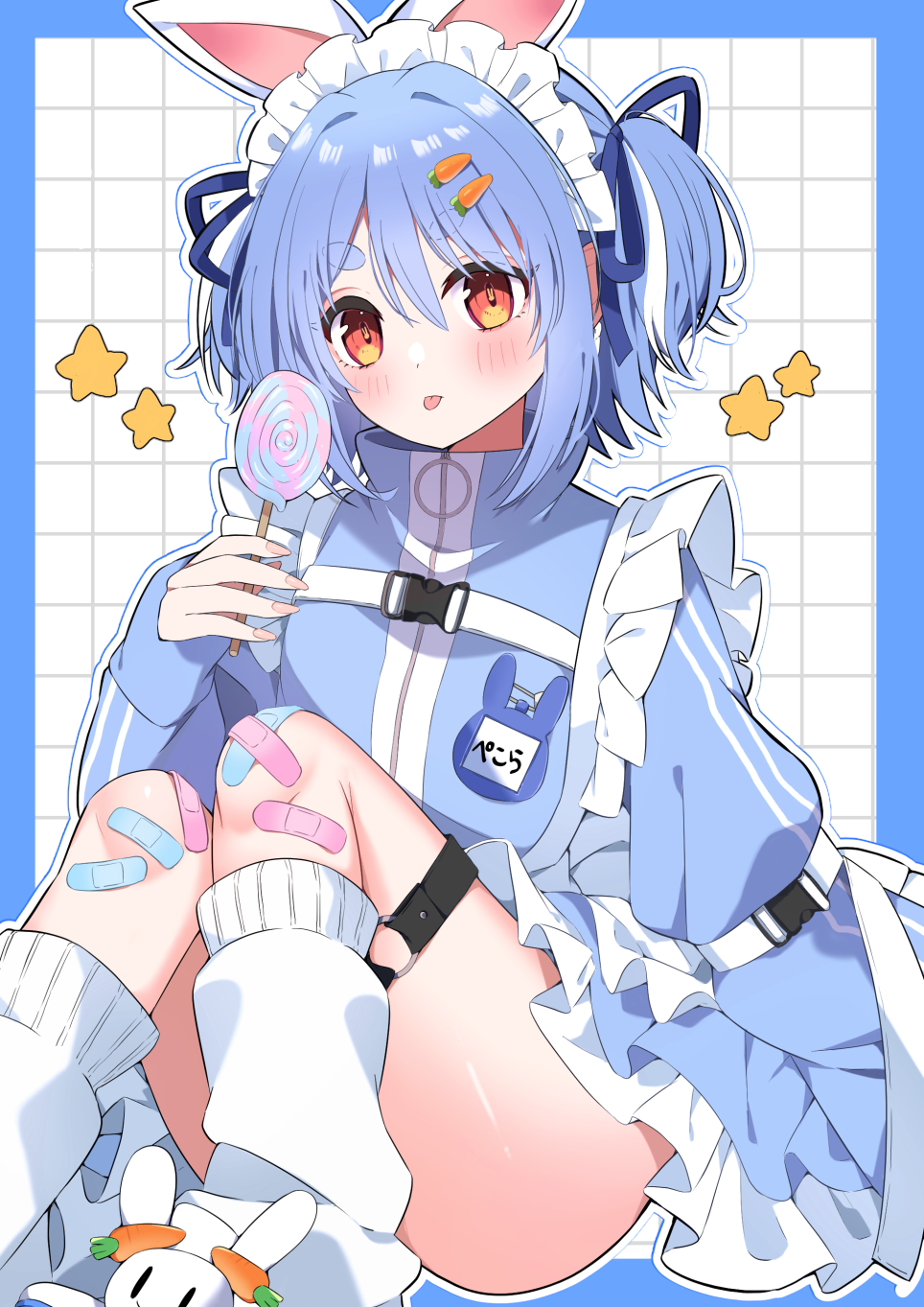 1girl :p alternate_costume animal_ears bandages blue_hair blue_ribbon blue_shirt candy food hair_ribbon highres holding holding_candy holding_food holding_lollipop hololive lollipop long_sleeves looking_at_viewer loose_socks maid_headdress orange_eyes rabbit_ears rabbit_girl ribbon shirt short_hair sitting skirt socks solo swirl_lollipop thighs tongue tongue_out two_side_up usada_pekora ute_(perouthi) virtual_youtuber white_skirt white_socks