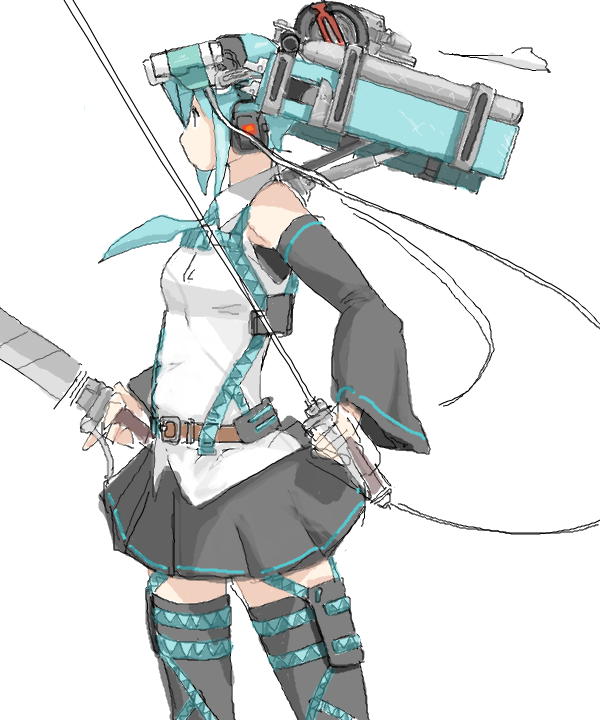 1girl aqua_belt aqua_necktie artist_request belt brown_belt cowboy_shot detached_collar detached_sleeves dual_wielding grey_skirt grey_sleeves grey_thighhighs hatsune_miku headgear headphones holding holding_sword holding_weapon long_sleeves necktie no_mouth oekaki profile shirt short_hair sidelocks simple_background skirt sleeveless sleeveless_shirt solo sword thighhighs three-dimensional_maneuver_gear vocaloid weapon white_background white_shirt zettai_ryouiki