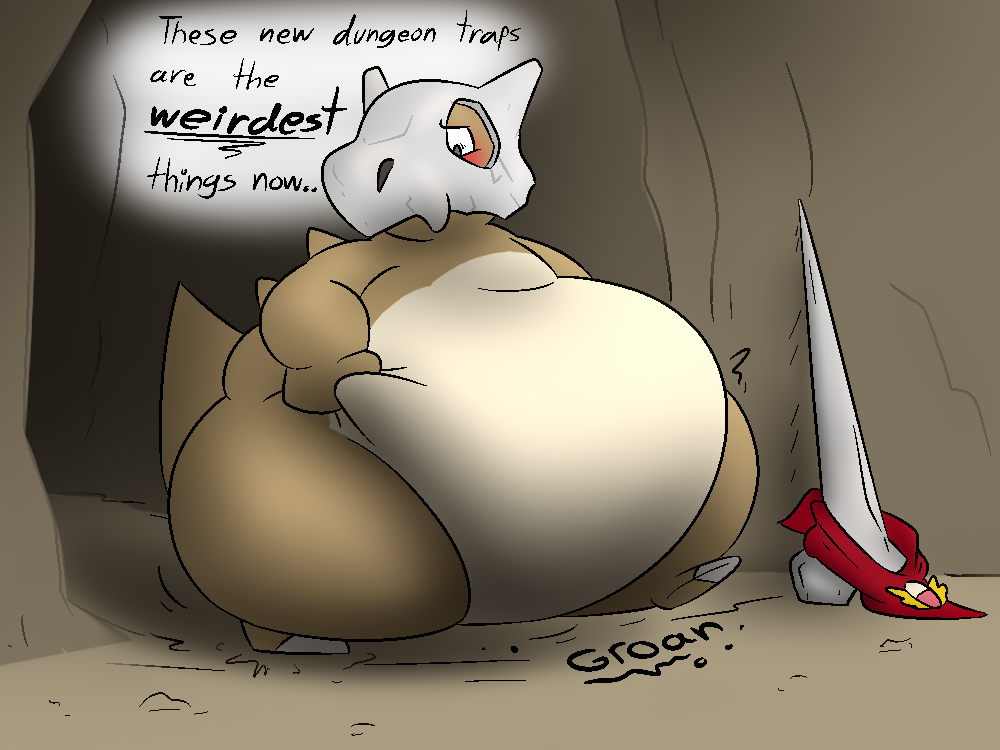 2022 4:3 after_inflation ambiguous_gender back_spines belly big_belly black_text bold_text bone bone_club bottom_heavy brown_background brown_body brown_scales brown_spines brown_tail cave club_(weapon) countershade_torso countershading cubone detailed_background ellipsis english_text feet feral generation_1_pokemon groan holding_belly inner_monologue inside mask melee_weapon nintendo obese obese_ambiguous obese_feral overweight overweight_ambiguous overweight_feral pokemon pokemon_(species) pokemon_mystery_dungeon rock rumbling_stomach scales scalue simple_background skull skull_mask solo tail talking_to_self tan_body tan_countershading text thatoneaceguy thick_thighs toeless_(marking) underline walking weapon
