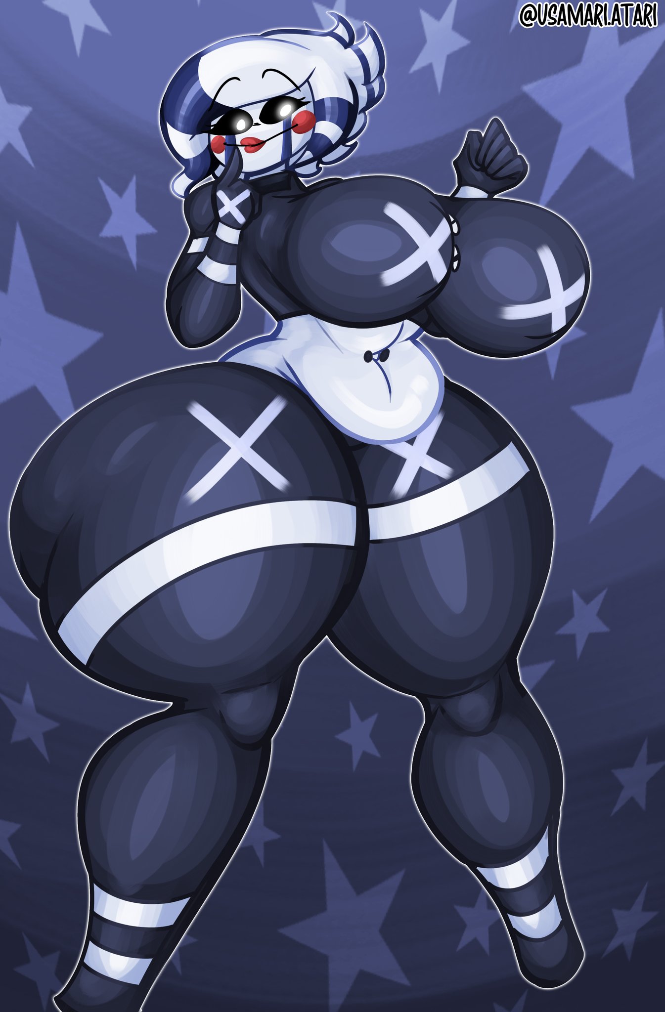 anthro big_breasts breasts butt clothed clothing digital_media_(artwork) female five_nights_at_freddy's five_nights_at_freddy's_2 fredina's_nightclub hair hi_res humanoid legwear looking_at_viewer marie_(cally3d) marionette_(fnaf) nipples scottgames smile solo thick_thighs thigh_highs usamari_atari wide_hips