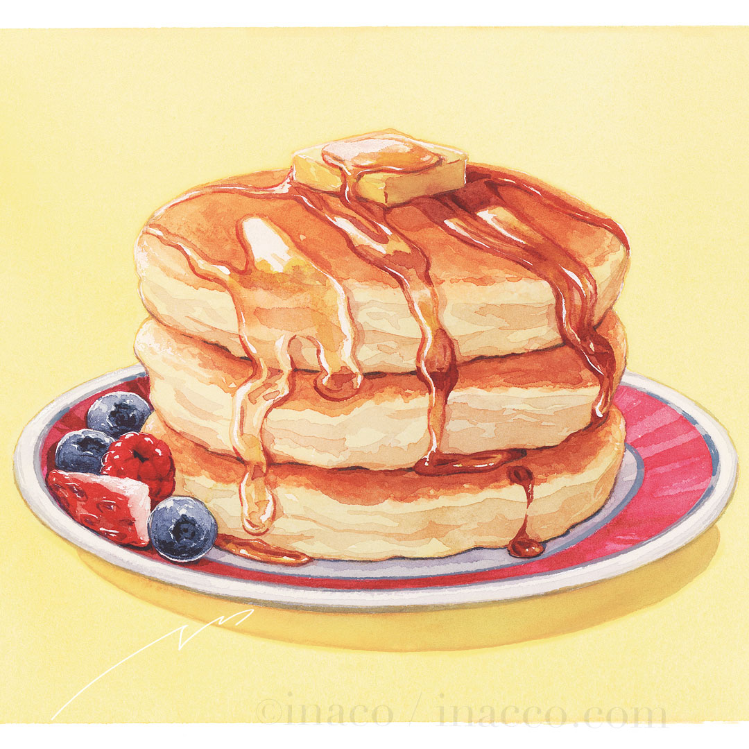 artist_name blueberry butter commentary food food_focus fruit inaco letterboxed no_humans original pancake pancake_stack plate raspberry realistic signature still_life strawberry strawberry_slice syrup web_address yellow_background