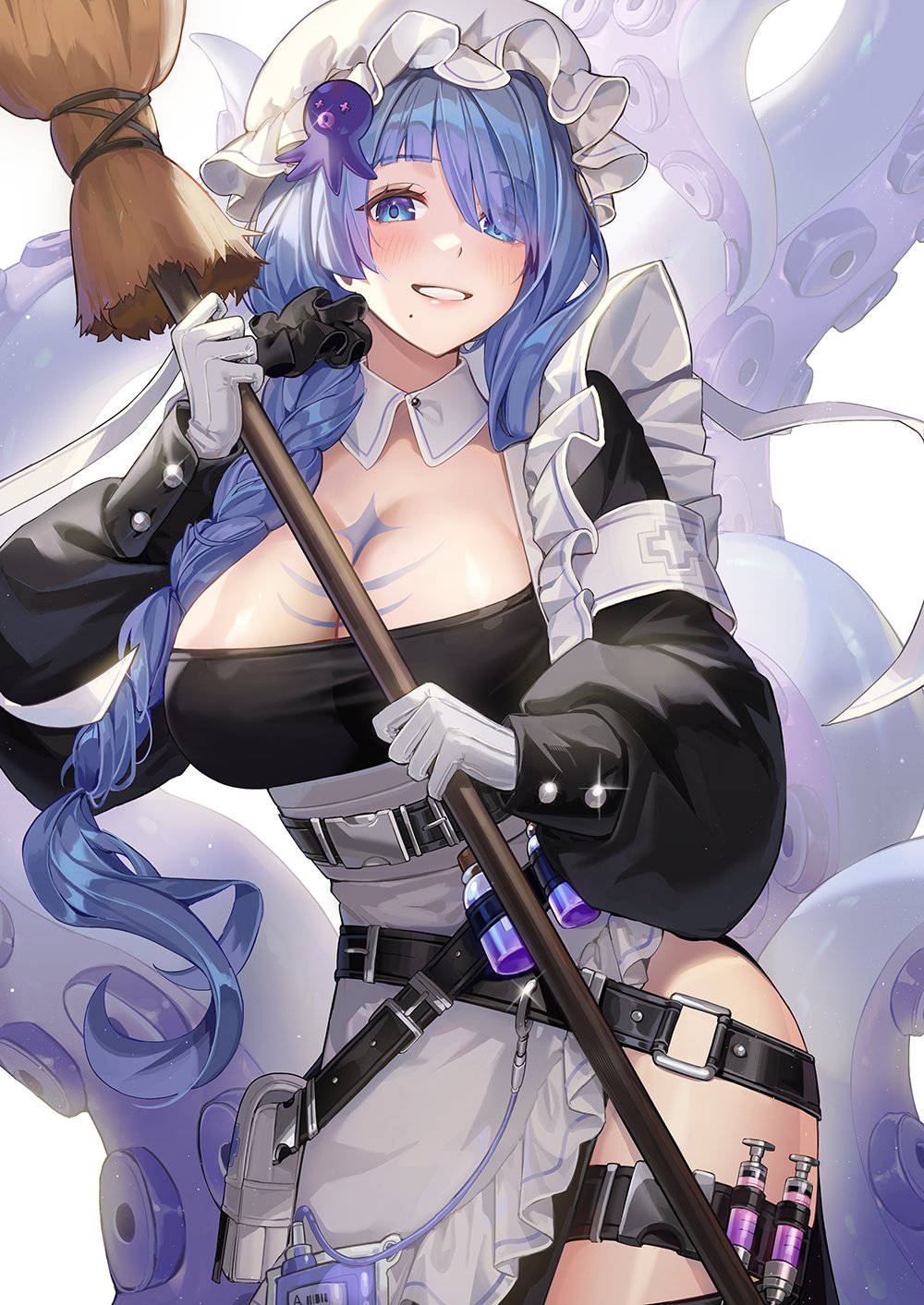 1girl belt black_belt blue_eyes blue_hair blush bottle braid breasts broom chest_tattoo cleavage frilled_headwear frills gakincho02 gloves hair_ornament hat highres holding holding_broom large_breasts long_hair looking_at_viewer maid mole mole_under_mouth monster_girl octopus_hair_ornament original scylla smile syringe tattoo tentacles white_background white_gloves white_headwear
