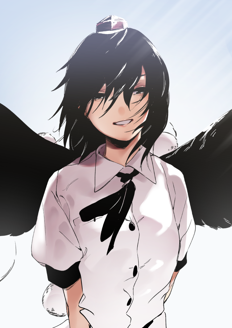 1girl asuzemu black_hair black_wings feathered_wings floating_hair hat looking_at_viewer neck_ribbon ribbon shameimaru_aya shirt short_sleeves smile solo tokin_hat touhou upper_body white_shirt wings