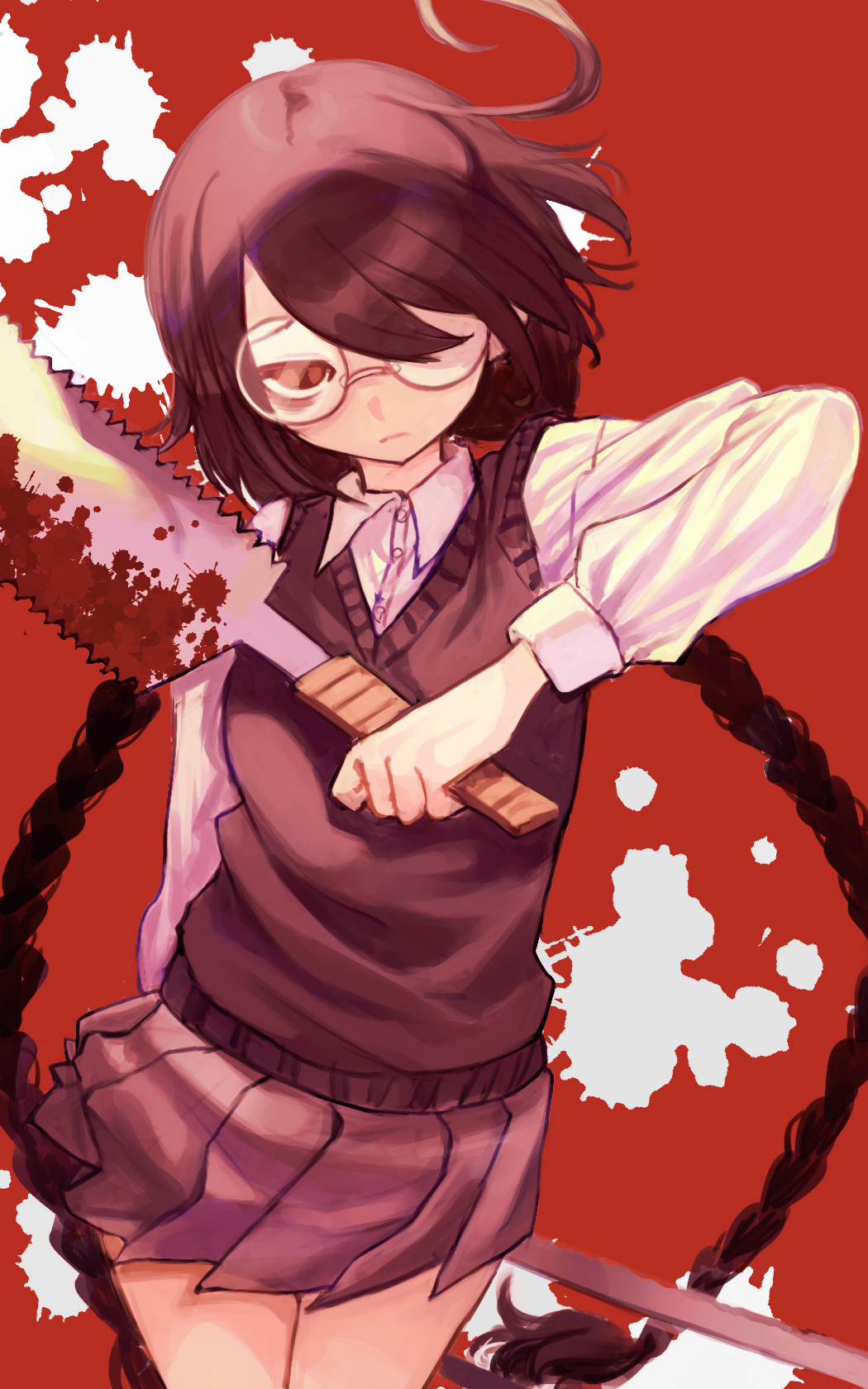 1girl ahoge black_skirt black_sweater_vest blood blood_on_weapon braid closed_mouth collared_shirt funamusea glasses hair_over_one_eye highres holding holding_weapon irota katagiri_mikari_(funamusea) long_hair looking_at_viewer partially_shaded_face pleated_skirt red_background red_eyes round_eyewear saw saw_cleaver shirt skirt solo sweater_vest twin_braids weapon white_background white_shirt