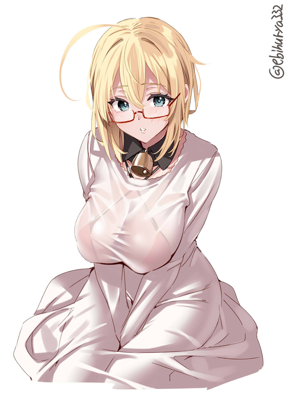1girl ahoge bell bikini bikini_under_clothes blonde_hair blue_eyes blush breasts dress ebifurya glasses hair_between_eyes highres i-8_(kancolle) invisible_chair kantai_collection large_breasts long_hair long_sleeves neck_bell one-hour_drawing_challenge parted_lips red-framed_eyewear see-through semi-rimless_eyewear sidelocks simple_background sitting solo swimsuit twitter_username v_arms white_background white_dress