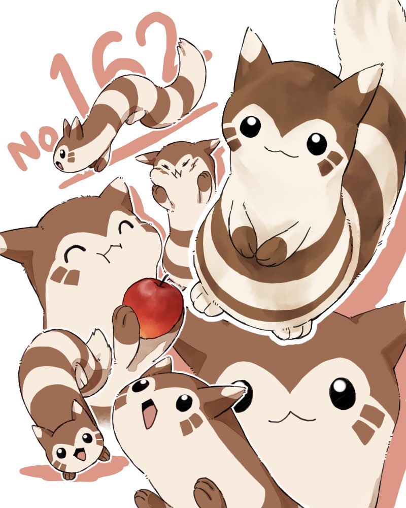 :3 apple black_eyes closed_eyes closed_mouth food fruit furret hands_on_own_cheeks hands_on_own_face holding holding_food holding_fruit multiple_views no_humans open_mouth own_hands_together pokemon pokemon_(creature) simple_background tl2zymo0jsu1lzi