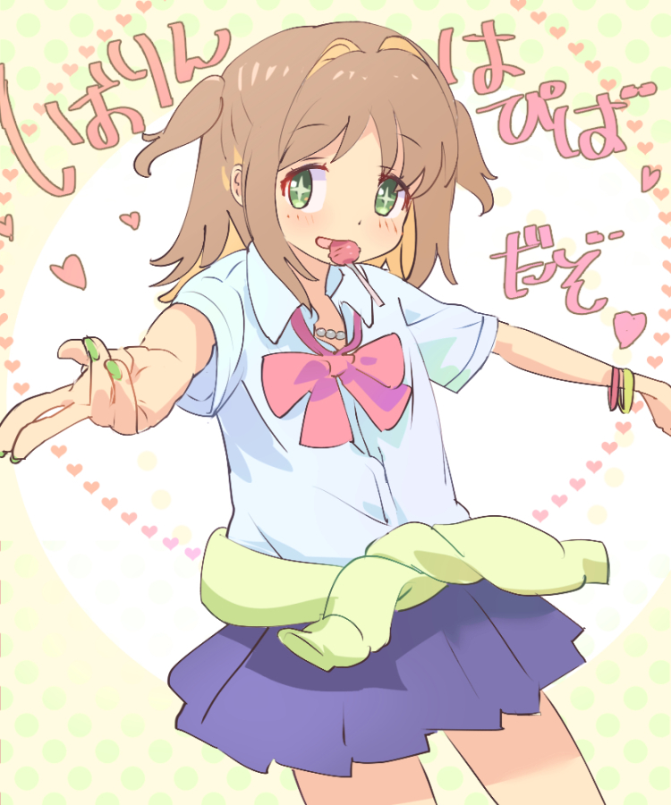 +_+ 1girl alternate_costume bare_arms blue_skirt bow bowtie brown_hair candy clothes_around_waist colored_inner_hair commentary food green_eyes green_nails gyaru hair_intakes heart jacket jacket_around_waist jewelry kogal kyarahiba light_blush lollipop looking_at_viewer medium_hair miniskirt mouth_hold multicolored_hair nail_polish necklace oka_asahi onii-chan_wa_oshimai! orange_hair pearl_necklace pleated_skirt red_bow red_bowtie shirt short_sleeves simple_background skirt solo translated two-tone_hair two_side_up white_shirt