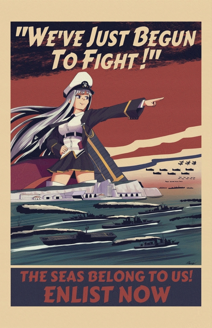 1girl aircraft aircraft_carrier airplane azur_lane battleship border collared_shirt destroyer english_commentary english_text enterprise_(azur_lane) hand_on_own_hip hat jacket long_hair looking_to_the_side military_hat military_jacket military_vehicle navy necktie ocean panzsan parody pointing poster_(medium) poster_parody propaganda red_sky ship shirt skirt sky very_long_hair warship watercraft white_hair white_headwear white_shirt world_war_ii