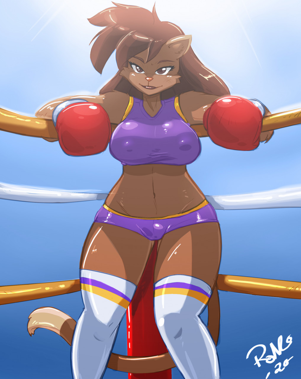 anthro boxing_gloves clothing deborah_bispo domestic_cat felid feline felis female fighting_ring hair handwear hi_res mammal shonuff solo upstairstudios