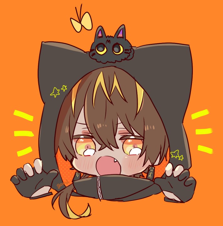 1boy androgynous animal animal_ears animal_hood animal_on_head black_cat black_gloves blonde_hair blush brown_hair bug butterfly cat cat_ears cat_hood cat_on_head chibi claw_pose commentary earrings fake_animal_ears fang gloves goma_sodapop hands_up hood hood_up jewelry kashagiri's_cat_(touken_ranbu) kashagiri_(touken_ranbu) long_hair looking_at_viewer male_focus multicolored_hair on_head open_mouth orange_background orange_eyes partially_fingerless_gloves ponytail simple_background streaked_hair symbol-only_commentary touken_ranbu two-sided_fabric