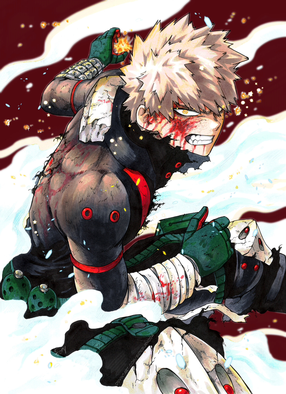 1boy bakugou_katsuki bandaged_arm bandages battle_damage blonde_hair blood blood_from_mouth blood_on_clothes blood_on_face bodysuit boku_no_hero_academia clenched_teeth dust explosion explosive gloves grenade hair_between_eyes highres knee_pads looking_at_viewer male_focus multicolored_clothes multicolored_gloves red_background scowl serious sideburn004 smoke solo sparks spiked_hair superhero teeth torn_clothes yellow_eyes