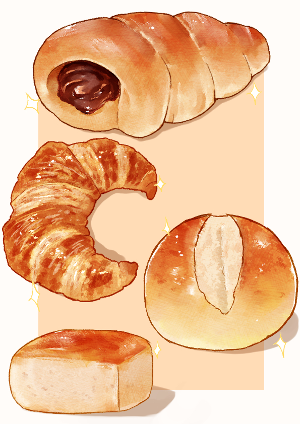 border bread chocolate croissant food food_focus kaneko_ryou no_humans original sparkle still_life white_border yellow_background