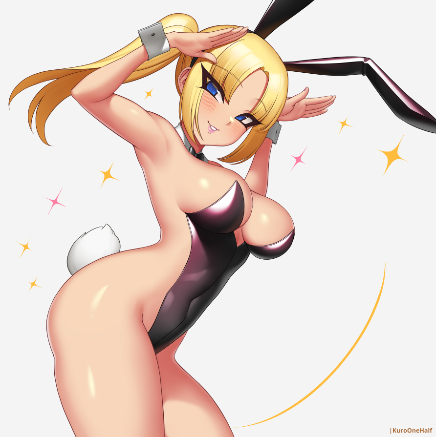 animal_ears armpits arms_up artist_name black_hairband blonde_hair blush breasts closed_mouth commission covered_navel cowboy_shot detached_collar fake_animal_ears fake_tail hairband kuroonehalf large_breasts leotard long_hair looking_at_viewer original parted_bangs parted_lips playboy_bunny ponytail rabbit_ears rabbit_pose rabbit_tail sideless_leotard sideless_outfit simple_background smile strapless strapless_leotard tail thighs white_background wrist_cuffs