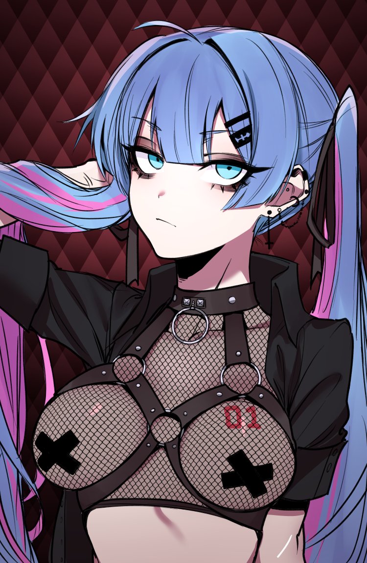 1girl ahoge bangs blue_eyes blue_hair blunt_bangs breasts commentary earrings english_commentary eyebrows_visible_through_hair fishnets gothic hair_between_eyes hatsune_miku j.k. jewelry long_hair looking_at_viewer medium_breasts multicolored_hair pasties purple_hair solo tape_on_nipples twintails two-tone_hair upper_body vocaloid
