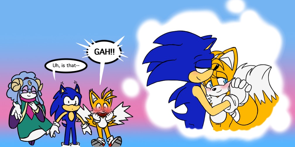 1girl 2boys age_difference blue_fur commentary english_commentary english_text furry furry_male gloves hyrulepirate male_focus multiple_boys onii-shota simple_background sonic_(series) sonic_the_hedgehog speech_bubble tails_(sonic) yaoi