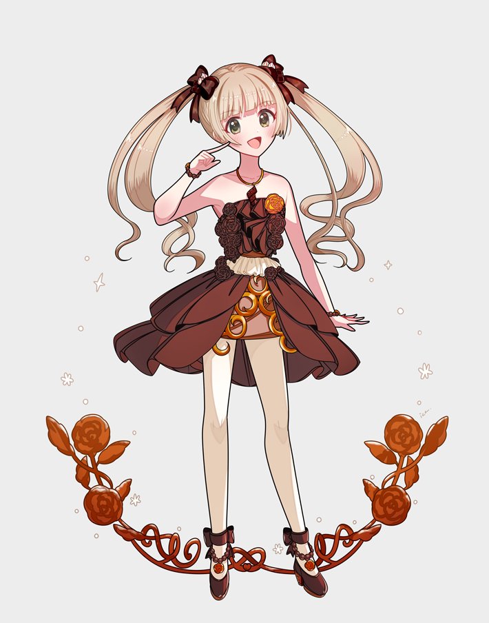 1girl :d bow bracelet brown_bow brown_dress dress flower full_body green_eyes grey_background hair_bow hand_on_own_cheek hand_on_own_face hand_up ich. idolmaster idolmaster_cinderella_girls jewelry light_brown_hair long_hair looking_at_viewer necklace open_mouth pantyhose rose shoes simple_background smile solo standing strapless strapless_dress twintails white_pantyhose yokoyama_chika