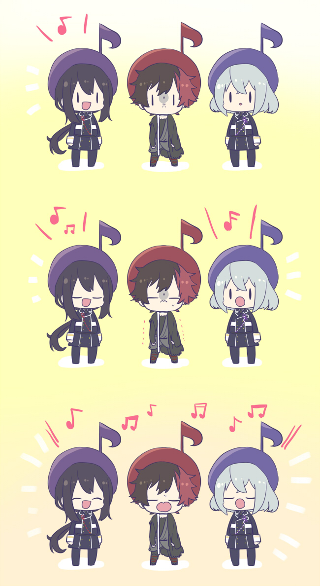 3boys :d :o ^_^ annoyed arms_at_sides black_jacket bob_cut boots buttons chibi closed_eyes double-breasted facing_viewer frown gloom_(expression) goma_sodapop grey_hair hair_ornament happy hizen_tadahiro honebami_toushirou jacket lineup long_hair long_sleeves looking_at_viewer male_focus multicolored_hair multiple_boys music musical_note musical_note_hair_ornament namazuo_toushirou outline pants ponytail purple_jacket purple_pants red_hair short_hair simple_background singing smile standing touken_ranbu trembling two-tone_hair very_long_hair white_outline yellow_background