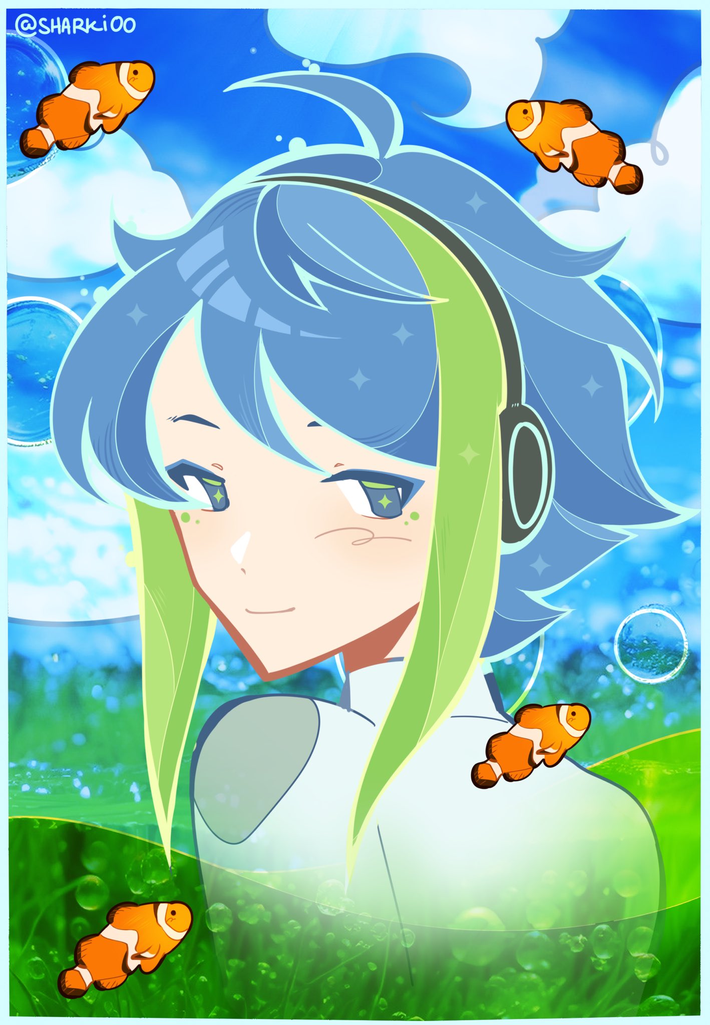 1boy air_bubble androgynous blue_hair blue_sky bubble cloud clownfish fish frutiger_aero green_eyes green_hair headphones highres looking_at_viewer looking_back male_focus multicolored_hair nature ocean original outdoors sharki00 sky smile solo underwater water