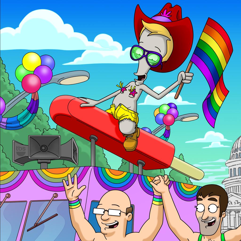 alien alien_humanoid american_dad clothing cloud cloudy_sky eyewear glasses happy hat headgear headwear human humanoid lgbt_pride male mammal official_art open_mouth plant pride_colors rainbow_flag rainbow_pride_colors rainbow_pride_flag rainbow_symbol roger_smith roswell_grey sky sunglasses tree unknown_artist