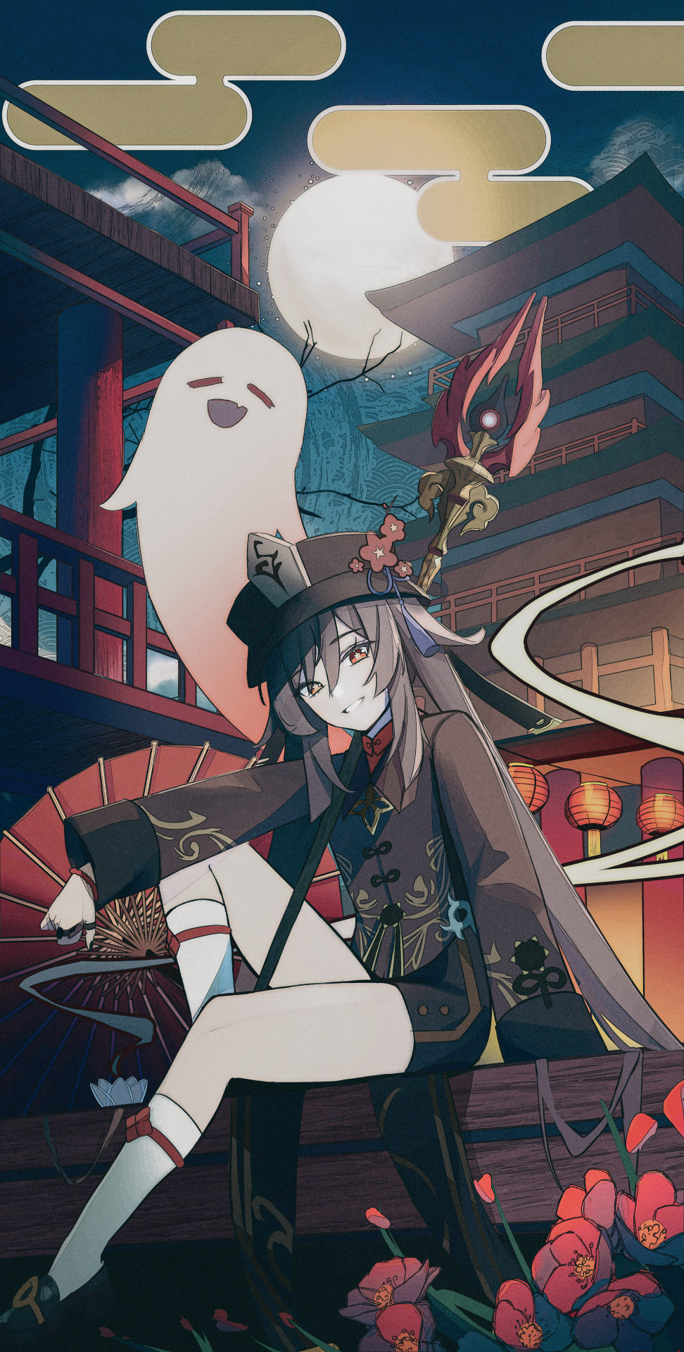 1girl architecture boo_tao_(genshin_impact) brown_coat brown_eyes brown_hair coat commentary east_asian_architecture essukaa_(e-su) flower full_moon genshin_impact ghost grin hat highres hu_tao_(genshin_impact) kneehighs lantern leg_up long_hair long_sleeves looking_at_viewer moon night night_sky outdoors paper_lantern plum_blossoms porkpie_hat sitting sky smile socks solo weapon white_socks