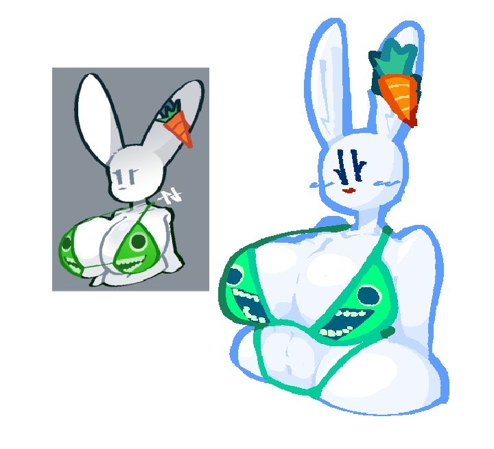 accessory anthro big_breasts bikini blush breasts cari_(probablydemo) carrot clothing digital_media_(artwork) ear_accessory ears_up eyelashes female food fur garten_of_banban glistening glistening_breasts green_bikini green_clothing green_swimwear inner_ear_fluff jumbo_josh koidyuno lagomorph leporid mammal mouthless navel plant rabbit red_nose reference_image simple_background simple_eyes simple_face solo stocky swimwear thick_thighs tuft vegetable white_background white_body white_ears white_fur wide_hips