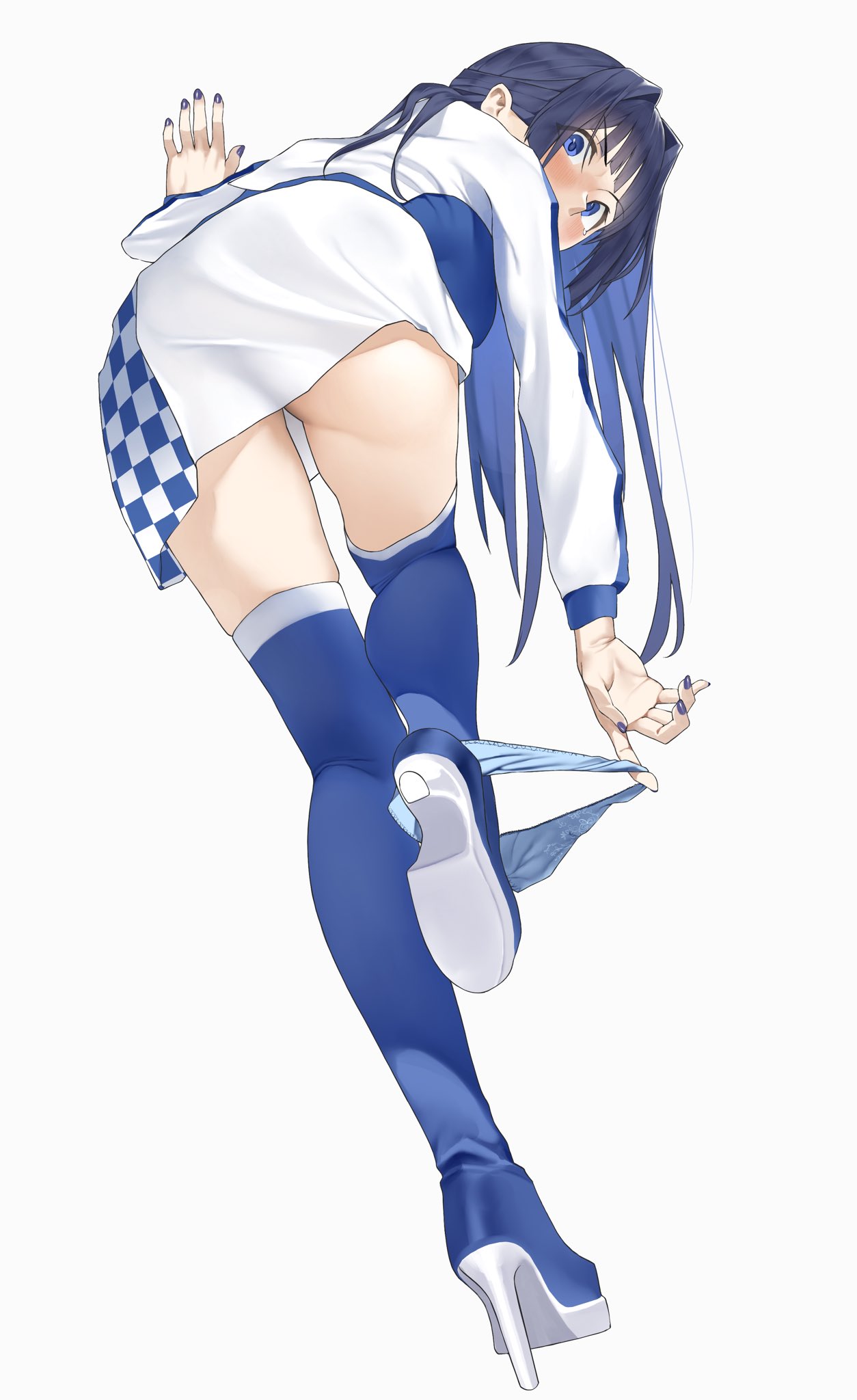 1girl against_wall arm_support ass blue_eyes blue_footwear blue_hair blue_jacket blue_nails blue_panties blue_skirt blush boots checkered_clothes checkered_skirt colored_inner_hair covered_mouth dutch_angle foot_up from_behind full_body high_heel_boots high_heels highres idolmaster idolmaster_million_live! jacket long_hair looking_at_viewer looking_back mogami_shizuka multicolored_hair nail_polish panties panties_around_one_leg panty_pull pulled_by_self saya_endo_(27) sidelocks simple_background skirt solo striped_clothes striped_jacket thigh_boots track_jacket two-tone_skirt underwear white_background white_jacket white_skirt wispy_bangs