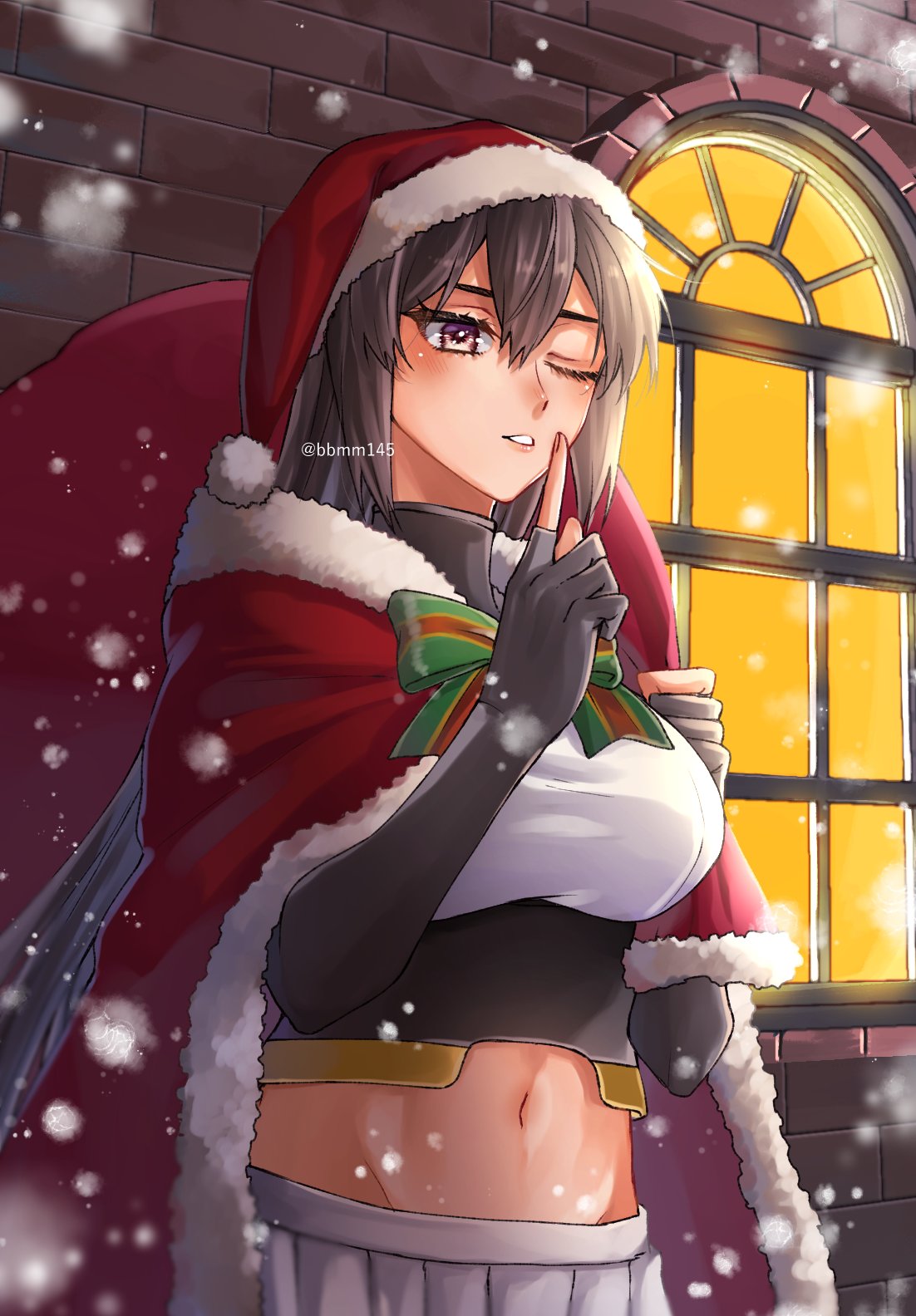 1girl alternate_costume bangs black_gloves black_hair bow breasts brick_wall cape christmas commentary finger_to_mouth fur-trimmed_cape fur_trim gloves hair_between_eyes hat highres holding holding_sack index_finger_raised kantai_collection large_breasts long_hair machi_(ritovoyage) nagato_(kancolle) navel one_eye_closed outdoors partially_fingerless_gloves pleated_skirt red_cape remodel_(kantai_collection) sack santa_costume santa_hat skirt snowing solo twitter_username white_skirt window