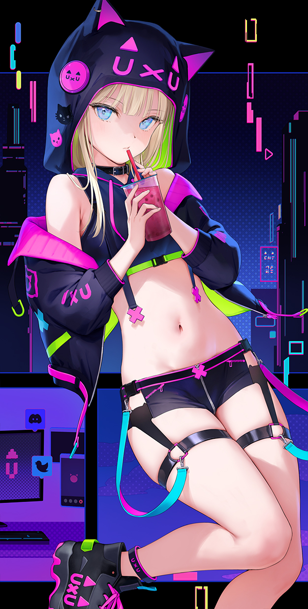 1girl animal_hood bare_shoulders bendy_straw black_shorts blonde_hair blue_eyes blush breasts bubble_tea cat_hood crop_top cup disposable_cup drink drinking drinking_straw drinking_straw_in_mouth highres holding holding_cup holding_drink hood jacket long_hair looking_at_viewer mignon navel off_shoulder open_clothes open_jacket original shoes short_shorts shorts small_breasts sneakers solo stomach thigh_strap