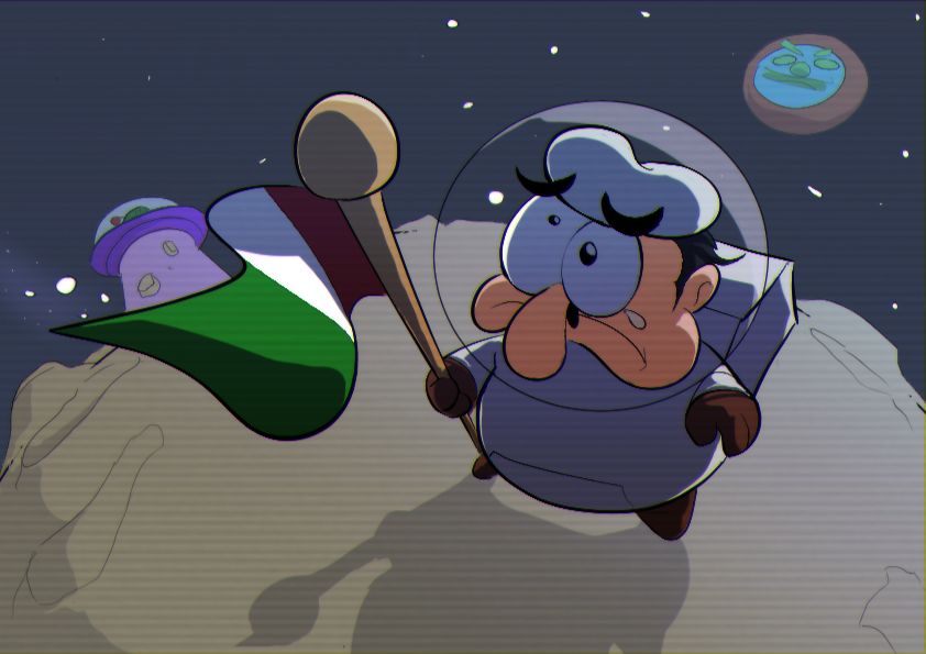 1boy abduction astronaut black_hair brown_gloves chef_hat commentary earth_(planet) easylucario english_commentary fat fat_man flag food-themed_creature frown full_body gloves hat helmet holding holding_flag italian_flag long_nose male_focus moon on_moon peppino_spaghetti pizza_tower pizzaface planet shadow space space_helmet spacesuit star_(sky) teardrop u.f.olive ufo uneven_eyes white_headwear