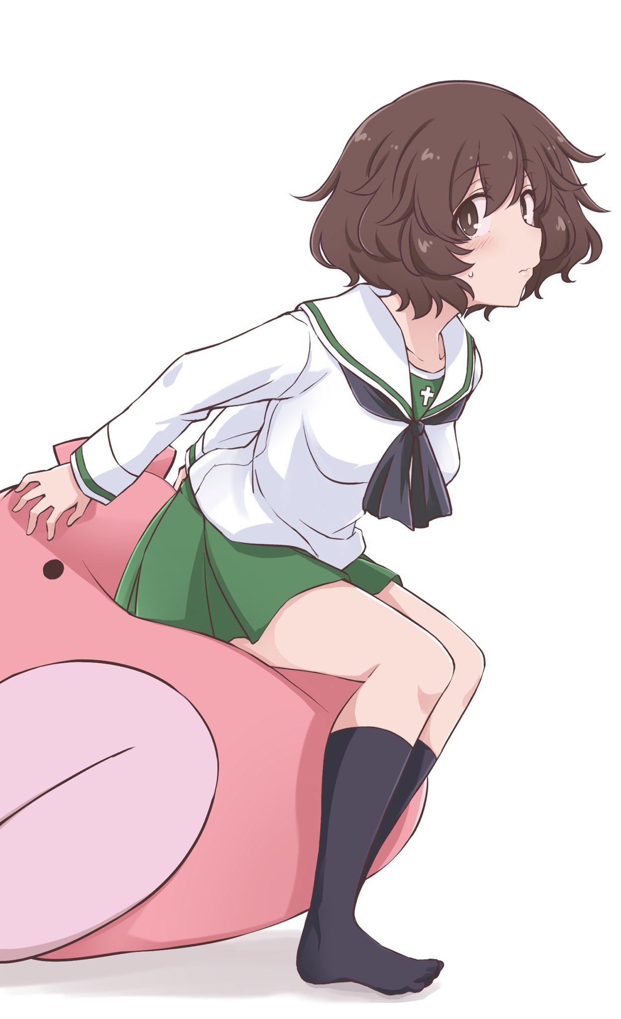 1girl akiyama_yukari anglerfish black_neckerchief black_socks breasts brown_eyes brown_hair closed_mouth collarbone commentary_request fish from_side full_body girls_und_panzer green_skirt hair_between_eyes hashtag_only_commentary hazuki_haru highres kneehighs light_blush long_sleeves looking_at_viewer medium_breasts messy_hair miniskirt neckerchief no_shoes ooarai_school_uniform pleated_skirt sailor_collar sailor_shirt school_uniform serafuku shirt short_hair simple_background sitting skirt socks solo stuffed_animal stuffed_toy sweatdrop thighs white_background white_sailor_collar white_shirt