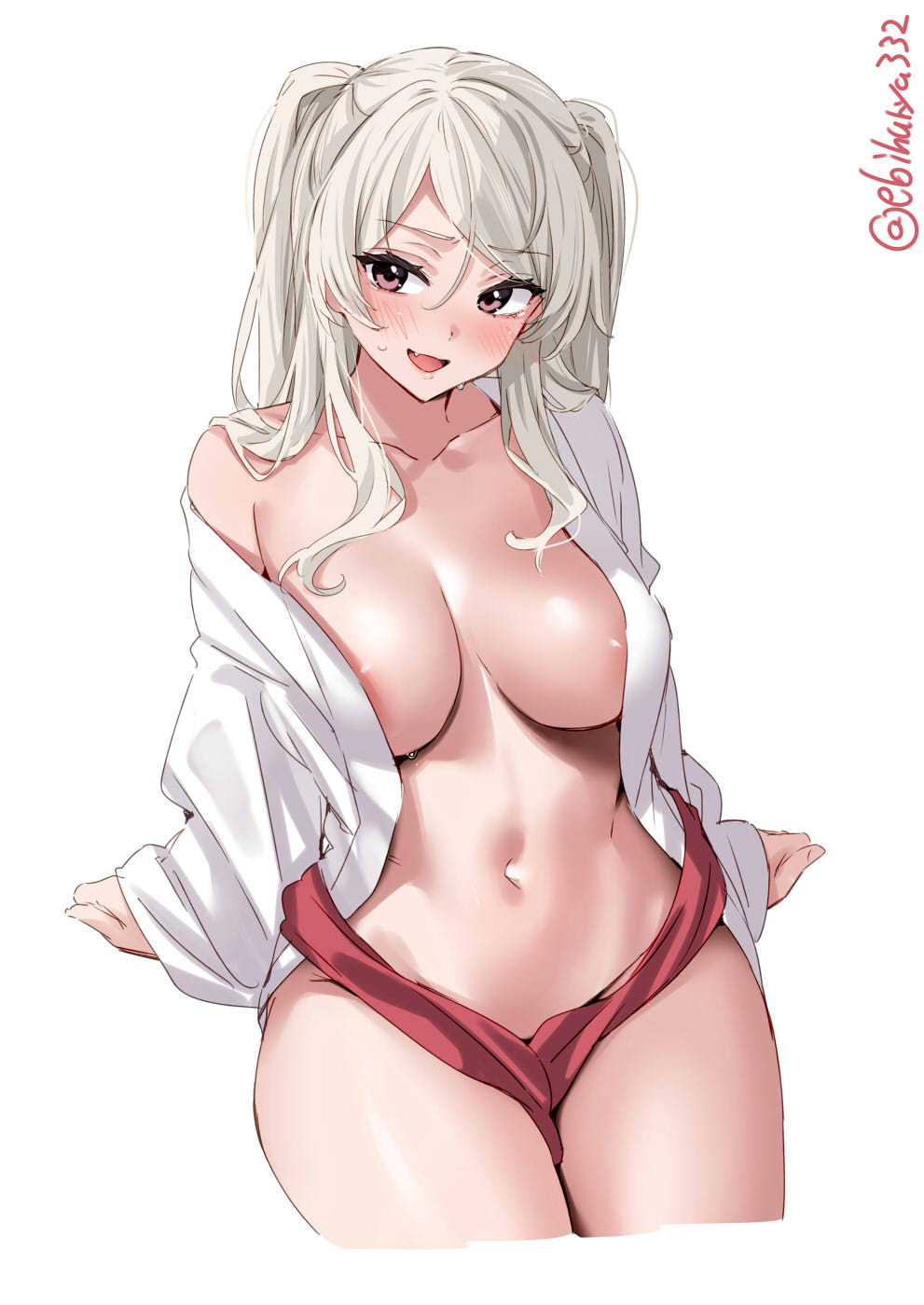 1girl areola_slip blush bottomless breasts collarbone conte_di_cavour_(kancolle) convenient_censoring cropped_legs ebifurya fang grey_hair groin hair_between_eyes highres japanese_clothes kantai_collection large_breasts long_hair long_sleeves looking_at_viewer navel obi one-hour_drawing_challenge open_clothes open_mouth parted_bangs purple_eyes red_sash sash sidelocks simple_background smile solo sweat thighs twitter_username white_background