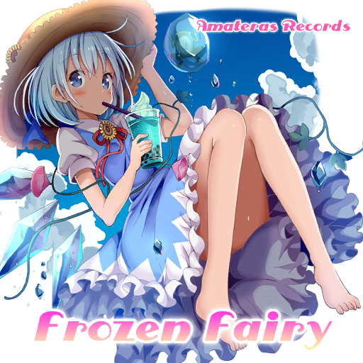 1girl album_cover alternate_headwear amateras_records bare_legs barefoot blue_bow blue_dress blue_eyes blue_hair blue_sky bow bubble_tea circle_name cirno cloud collared_shirt cover cup dress drinking_straw english_text fairy_wings floating flower frozen_frog full_body game_cg givuchoko hair_bow hand_on_headwear hat holding holding_cup ice ice_wings levitation long_bangs official_art pinafore_dress pink_flower plant puffy_short_sleeves puffy_sleeves red_ribbon ribbon shirt short_hair short_sleeves sky sleeveless sleeveless_dress solo sun_hat sunflower tanned_cirno touhou touhou_cannonball vines white_shirt wings