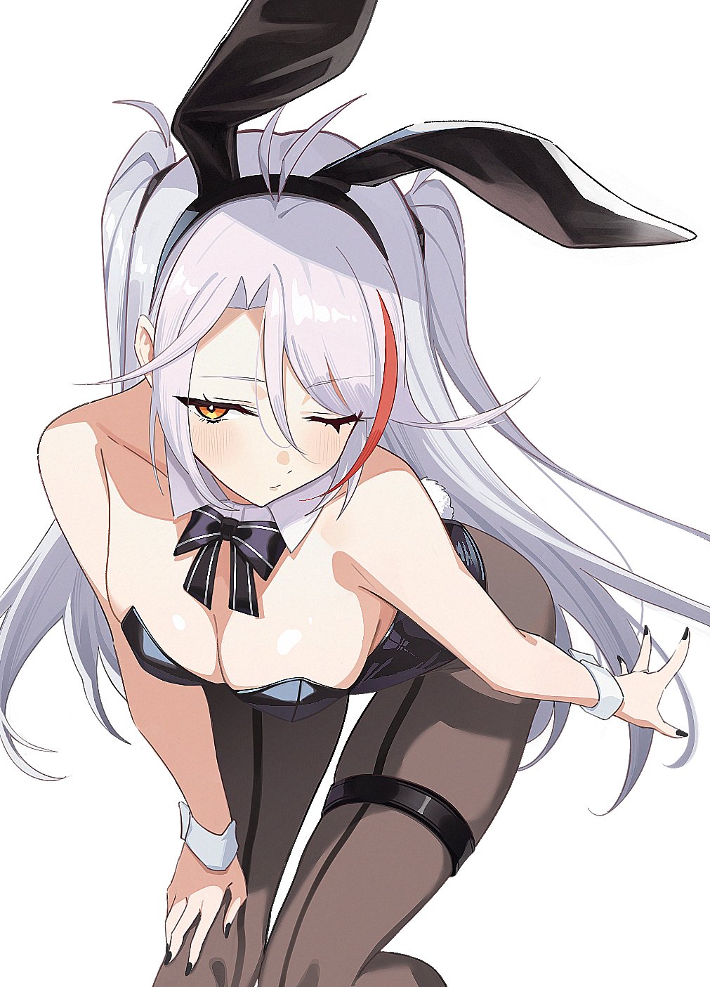1girl animal_ear_headband animal_ears antenna_hair azur_lane bent_over black_leotard black_nails black_pantyhose breasts bright_pupils cleavage cropped_legs fake_animal_ears hand_on_own_knee highleg highleg_leotard highres leotard looking_at_viewer medium_breasts multicolored_hair one_eye_closed orange_hair pantyhose parted_bangs prinz_eugen_(azur_lane) rabbit_ears red_hair sidelocks streaked_hair thigh_strap twintails white_background white_hair white_pupils wrist_cuffs xiaoxiao_de_kuangsan