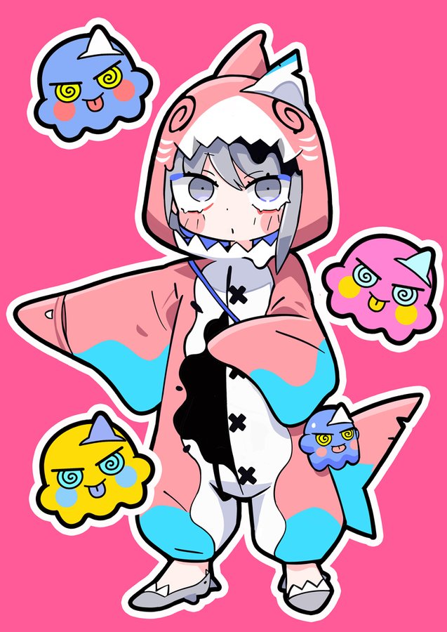 1girl :o :p @_@ animal_bag animal_costume bag blue_bag blue_eyes blush_stickers closed_mouth eyelashes fins fish_tail full_body gawr_gura gills grey_eyes grey_footwear grey_hair hololive hood hood_up long_sleeves looking_at_viewer octopus open_mouth outline outstretched_arm pink_background pink_hood pink_sleeves shark_costume shark_tail short_hair shoulder_bag simple_background sleeves_past_fingers sleeves_past_wrists slippers smile solid_eyes solo tail terada_tera tongue tongue_out triangular_headpiece white_outline yellow_eyes
