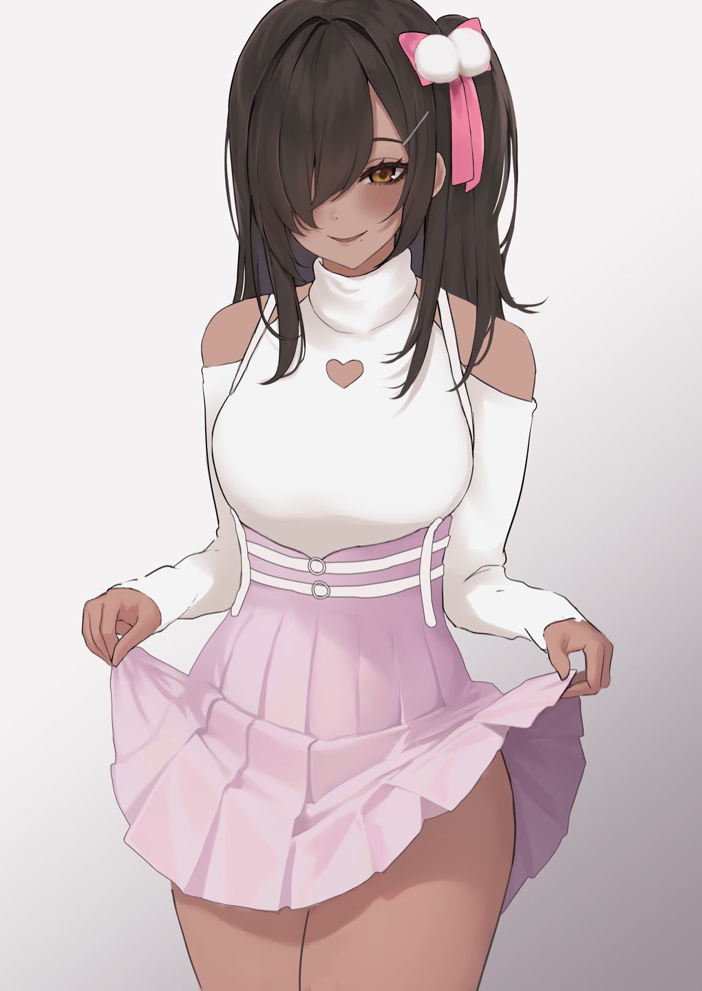 1girl bare_shoulders blush breasts brown_hair closed_mouth clothing_cutout dark-skinned_female dark_skin dera_self goddess_of_victory:_nikke hair_ornament hair_over_one_eye heart_cutout highres large_breasts long_hair naga_(nikke) pink_skirt shoulder_cutout side_ponytail skirt skirt_hold smile solo sweater thighs white_sweater