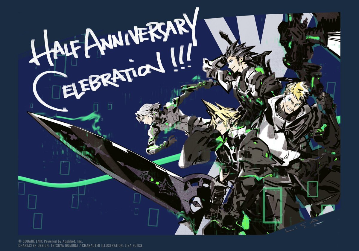 aged_down anniversary arm_up armor armored_bodysuit arms_up artist_name artist_request black_pants blonde_hair blue_background blue_eyes breastplate cape cloud_strife cloud_strife_(saber_style) commentary copyright_notice cropped_legs english_commentary english_text final_fantasy final_fantasy_vii final_fantasy_vii_ever_crisis from_side glenn_lodbrok glenn_lodbrok_(vanguard_style) grey_hair grin hammer high_collar holding holding_hammer holding_sword holding_weapon knee_up looking_to_the_side medium_hair official_alternate_costume official_art pants pauldrons running sephiroth serious short_hair shoulder_armor single_pauldron smile spiked_hair standing sword sword_on_back third-party_source turtleneck very_short_hair war_hammer weapon weapon_on_back white_cape zack_fair