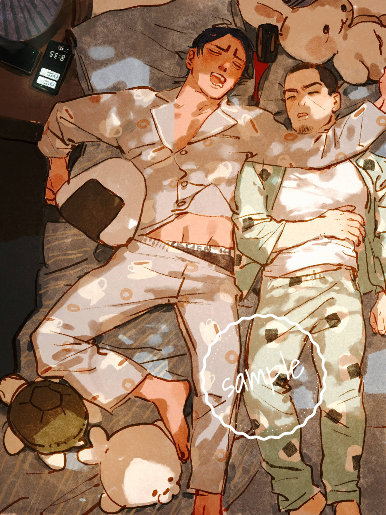 2boys bed black_hair blanket boxers brown_hair buzz_cut chengongzi123 closed_eyes contemporary couple dark-skinned_male dark_skin drooling english_commentary facial_hair full_body goatee_stubble golden_kamuy green_pajamas grey_pajamas highres indoors koito_otonoshin lying male_focus male_underwear mouth_drool multiple_boys nightstand on_back onigiri_print open_mouth pajamas phone pillow sample_watermark shirt short_hair sleeping stubble stuffed_animal stuffed_rabbit stuffed_seal stuffed_toy stuffed_turtle tsukishima_hajime underwear very_short_hair watermark white_shirt yaoi