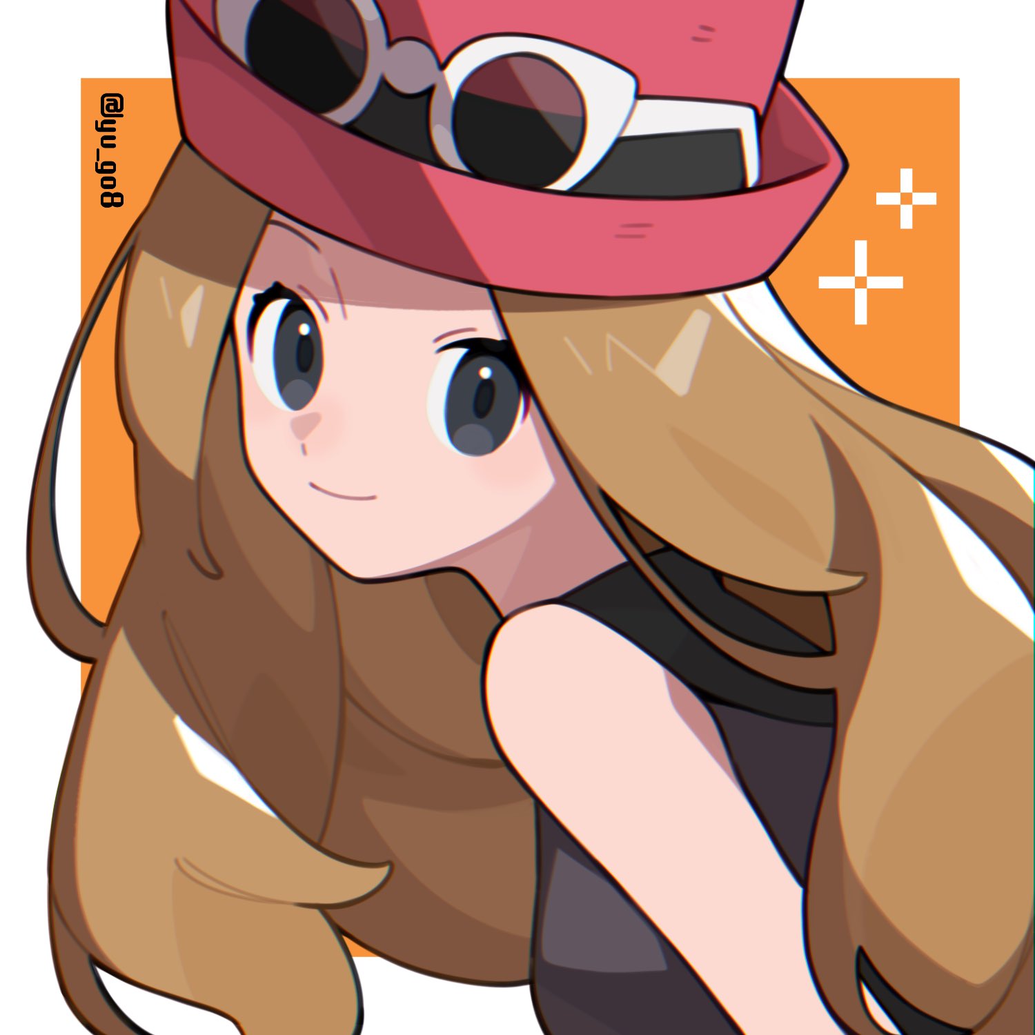 1girl artist_name border brown_hair closed_mouth eyewear_on_headwear grey_eyes hat highres long_hair looking_at_viewer orange_background outside_border pekaso1118n pokemon pokemon_xy red_headwear serena_(pokemon) simple_background smile solo sunglasses twitter_username upper_body white-framed_eyewear white_border