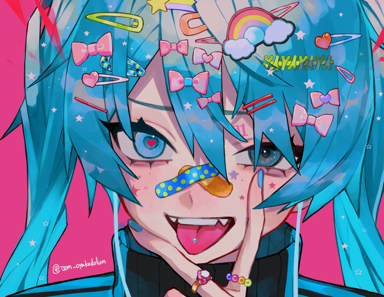 1girl bandaid bandaid_on_face bandaid_on_nose black_jacket blue_eyes blue_hair blue_stripes blush commentary crossed_bandaids fangs fangs_out hair_between_eyes hair_ornament hairclip hand_on_own_face hatsune_miku headphones heart heart-shaped_pupils heart_hair_ornament jacket jewelry long_hair looking_at_viewer miku_day number_tattoo ornate_ring piercing pink_background portrait rainbow_hair_ornament ring sidelocks solo spring_onion star_(symbol) star_hair_ornament striped_clothes striped_jacket symbol-only_commentary symbol-shaped_pupils tattoo temu_(tem27) tongue tongue_out tongue_piercing twitter_username v_over_mouth very_long_hair vocaloid