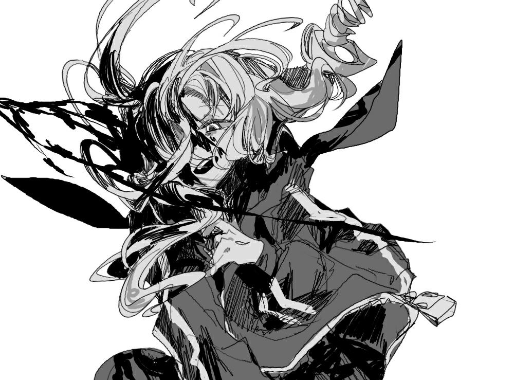 #compass 1girl blood commentary greyscale hen10 jacket long_hair looking_at_viewer megumegu monochrome multicolored_hair open_mouth simple_background smile solo symbol-only_commentary two-tone_hair upper_body white_background