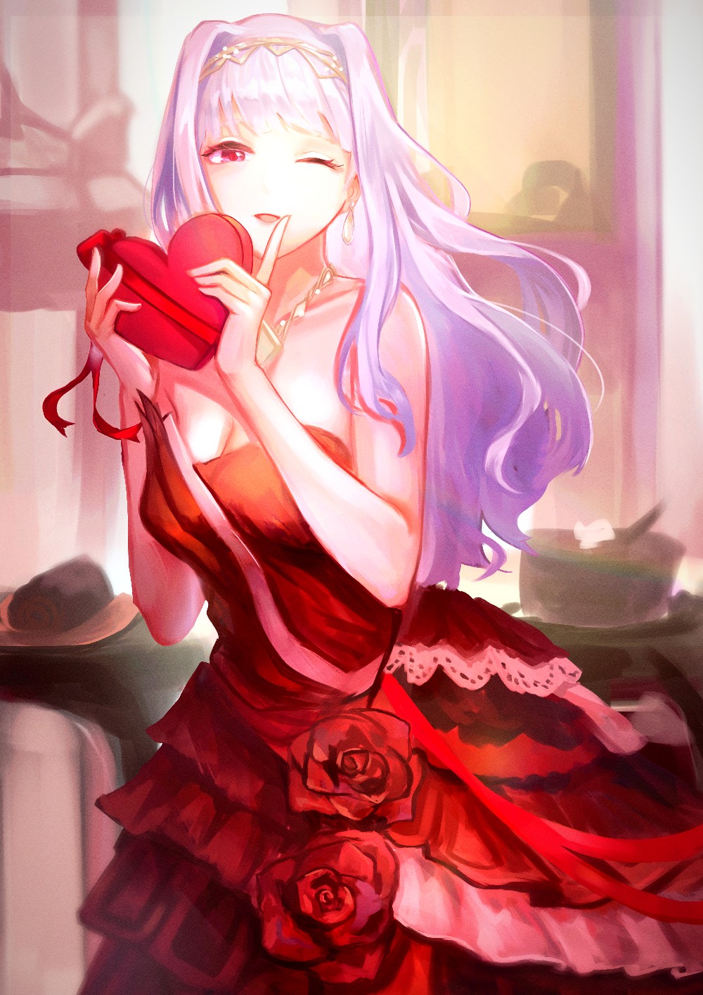 1girl bare_shoulders box breasts collarbone commentary_request dress earrings finger_to_mouth flower grey_hair hairband heart-shaped_box highres idolmaster idolmaster_(classic) jewelry large_breasts long_hair looking_at_viewer necklace one_eye_closed purple_eyes red_dress red_flower red_ribbon red_rose ribbon rose sayuumigi shijou_takane sleeveless sleeveless_dress solo strapless strapless_dress valentine