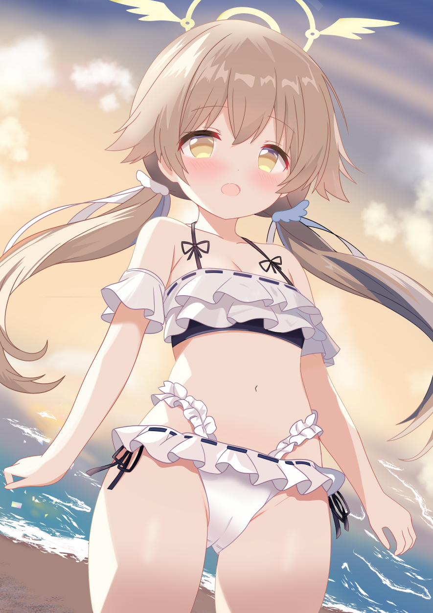 1girl beach bikini blue_archive blush brown_hair cloud evening frilled_bikini frills halo hifumi_(blue_archive) hifumi_(swimsuit)_(blue_archive) highres hiiragisensei long_hair looking_at_viewer low_twintails navel ocean official_alternate_costume open_mouth orange_sky sky solo swimsuit twintails white_bikini yellow_eyes yellow_halo