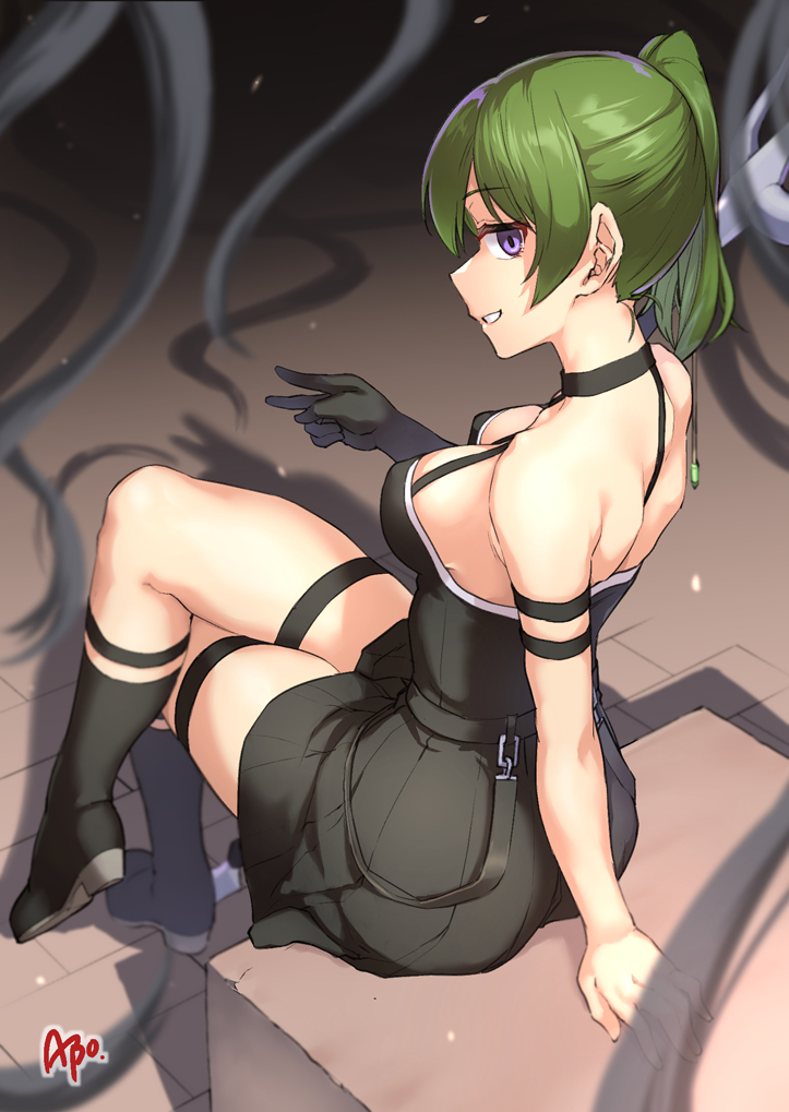 1girl abo_(hechouchou) bare_shoulders black_dress black_footwear black_gloves boots breasts crossed_legs dress elbow_gloves gloves green_hair hair_between_eyes halterneck knee_boots large_breasts long_hair looking_at_viewer parted_lips polearm profile purple_eyes shadow side_ponytail single_glove sitting sleeveless sleeveless_dress smile solo sousou_no_frieren thigh_strap ubel_(sousou_no_frieren) v weapon