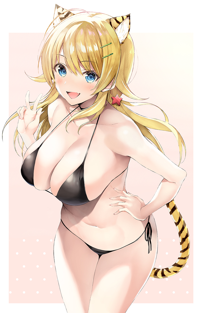 1girl :d animal_ear_fluff animal_ears bangs bare_arms bare_shoulders bikini black_bikini black_ribbon blonde_hair blue_eyes blush border breasts chinese_zodiac cleavage collarbone cowboy_shot eyebrows_visible_through_hair fang gradient gradient_background hachimiya_meguru hair_ornament hairclip hand_on_hip highres idolmaster idolmaster_shiny_colors inuzumi_masaki kemonomimi_mode large_breasts long_hair looking_at_viewer low_twintails navel open_mouth outside_border pink_background ribbon side-tie_bikini skin_fang smile solo stomach swimsuit tail tiger_ears tiger_girl tiger_tail twintails v white_border year_of_the_tiger