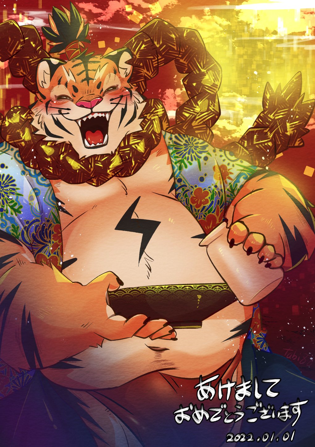 2022 alcohol anthro asian_clothing belly beverage big_belly bowl chinese_zodiac clothed clothing container drinking east_asian_clothing felid fundoshi fur hair hi_res holidays japanese_clothing japanese_text kemono male mammal navel new_year new_year_2022 overweight overweight_male pantherine sake smile solo teeth text tiger tiri_mama tongue underwear year_of_the_tiger yellow_body yellow_fur