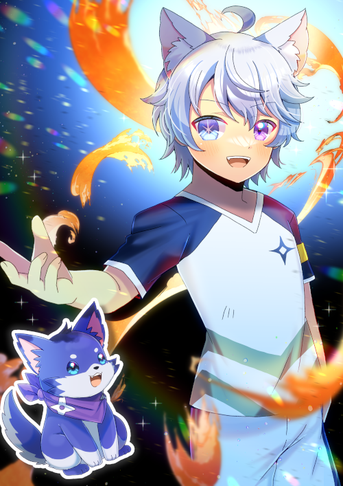 1boy :d ahoge animal animal_ear_fluff animal_ears blue_eyes commentary_request commission cosplay fire froy_girikanan grey_hair hair_between_eyes heterochromia inazuma_eleven_(series) indie_virtual_youtuber kaichu_(vtuber) kou_hiyoyo male_focus purple_eyes pyrokinesis raglan_sleeves shirt short_sleeves shorts skeb_commission smile virtual_youtuber white_shirt white_shorts